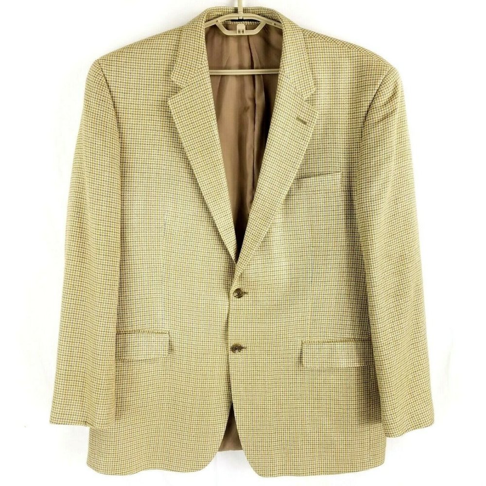 Ralph Lauren Chaps 100% Silk Blue & Gold Houndstooth Blazer Jacket Mens 47L